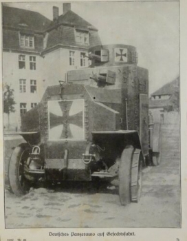 1917 - alter Druck - Deutsches Panzerauto auf Gefechtsfahrt